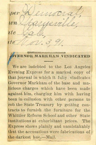 Governor Markham vindicated