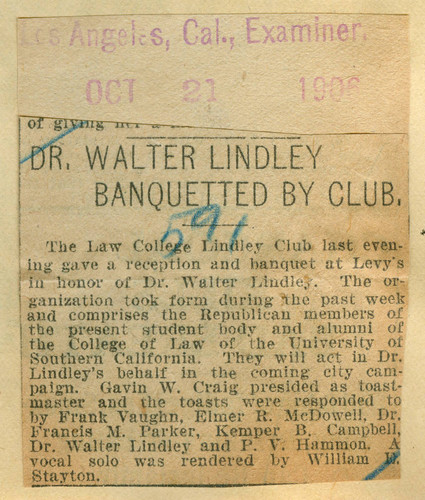 Dr. Walter Lindley banquetted by club