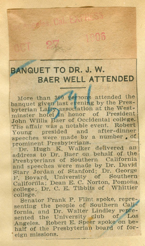 Banquet to Dr. J.W. Baer well attended