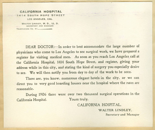 Postcard from Walter Lindley to visiting physicians