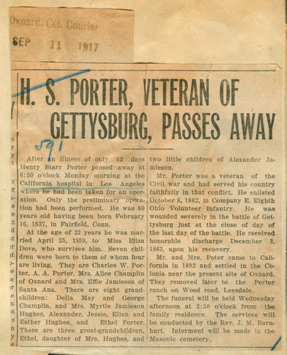 H. S. Porter, veteran of Gettysburg, passes away