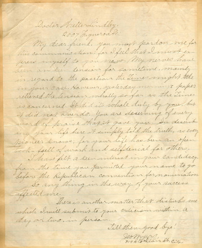 Letter from J.W. Myers to Walter Lindley