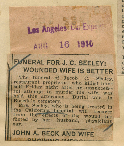 Funeral for J. C. Seeley, wounded wife is better