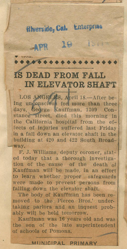 Is dead from fall in elevator shaft