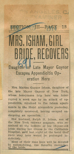 Mrs. Isham, girl bride, recovers