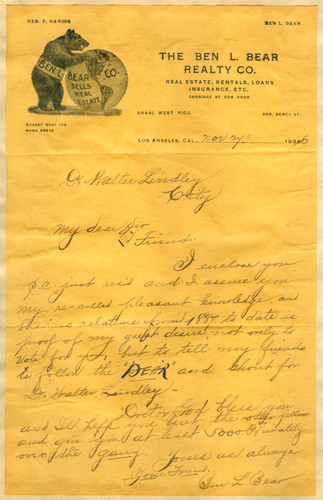 Letter from Ben L. Bear to Walter Lindley