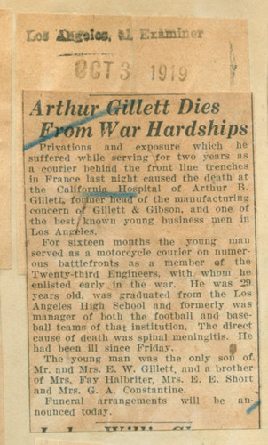 Arthur Gillett dies from war hardships