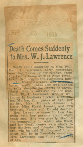 Death comes suddenly to Mrs. W. J. Lawrence