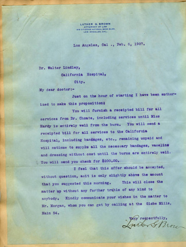 Letter from Luther Brown to Walter Lindley