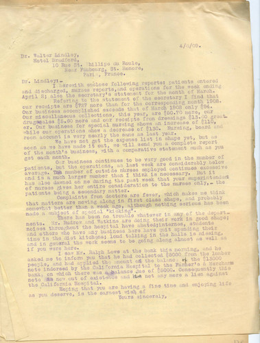 Letter from P. Kitchin to Walter Lindley