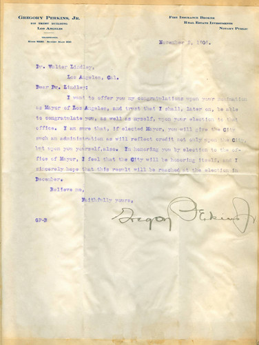 Letter from Gregory Perkins to Walter Lindley