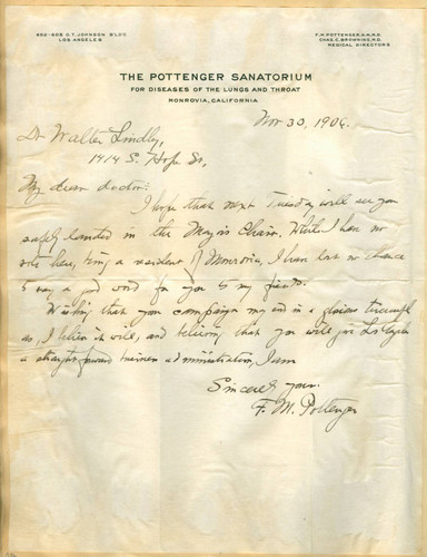 Letter from F. M. Pottenger to Walter Lindley