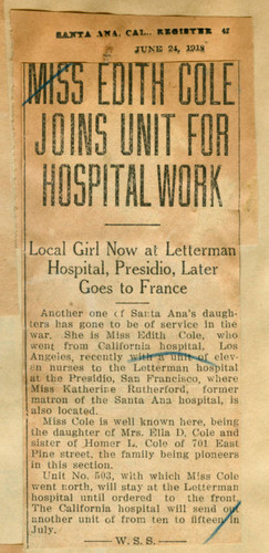 Miss Edith Cole joins unit for hospital work