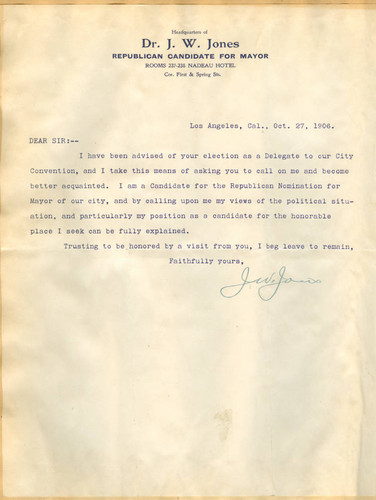 Letter from J.W. Jones to Walter Lindley