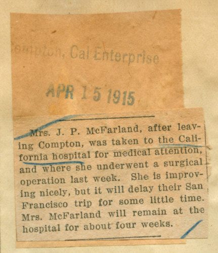 Mrs. J. P. McFarland hospitalized