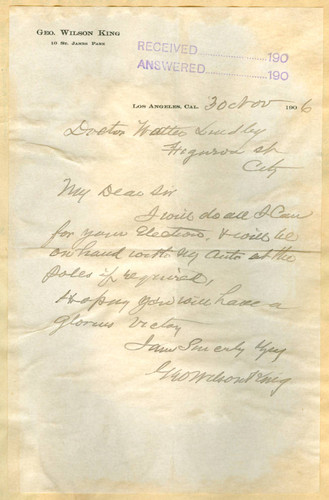 Letter from George Wilson King to Walter Lindley