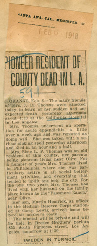 Pioneer resident of county dead in L. A