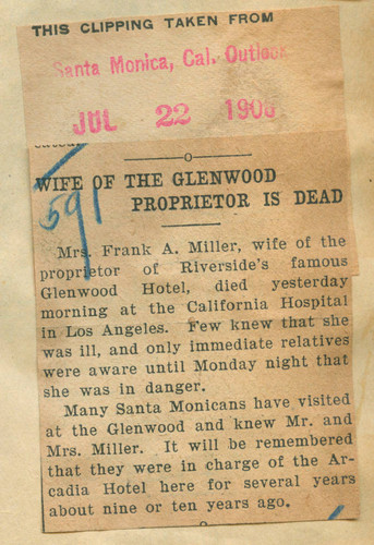 Wife of the glenwood proprietor is dead