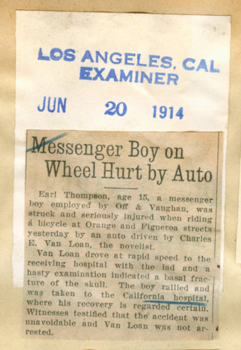 Messenger boy on wheel hurt by auto