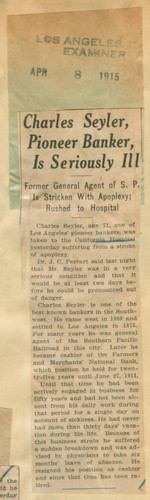 Charles Seyler, pioneer banker, is seriously ill