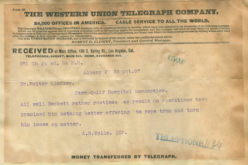 Telegram from A. G. Wells to Walter Lindley