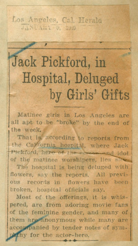 Jack Pickford, in hospital, deluged by girls' gifts