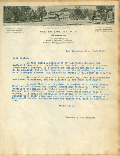 Letter from Walter Lindley to physician