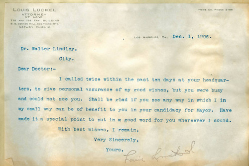 Letter from Louis Luckel to Walter Lindley