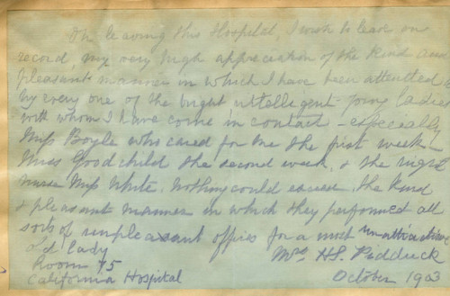 Letter from H. S. Pidduck to California Hospital