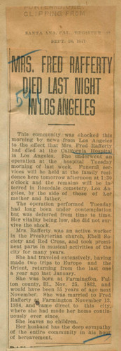 Mrs. Fred Rafferty died last night in Los Angeles