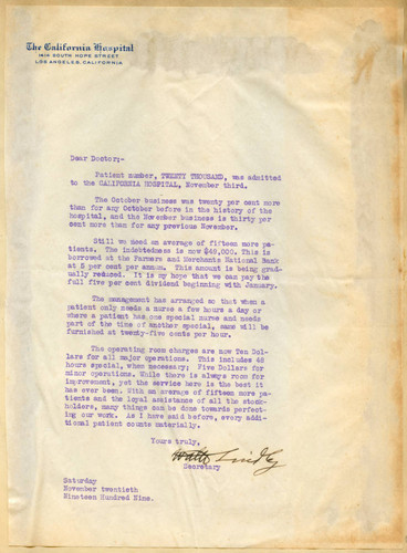 Letter from Walter Lindley to the doctors of California Hospital