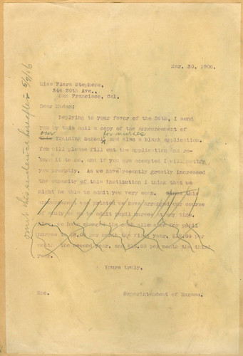 Letter from California Hospital Training School for Nurses to Miss Flora Stephens