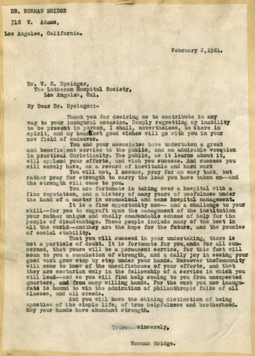 Letter from Norman Bridge to W. S. Dysinger