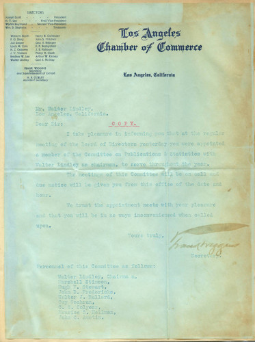 Letter from Frank Wiggins to Walter Lindley