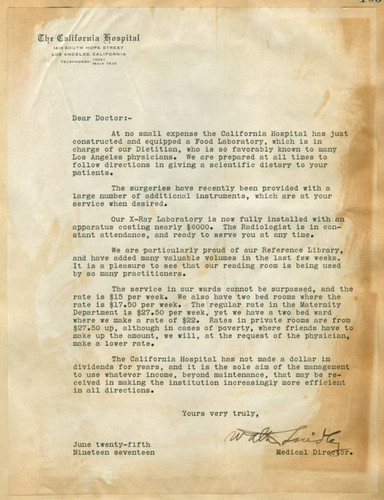 Letter from Walter Lindley to California Hospital physicians