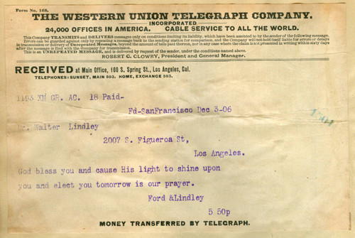 Telegram from Ford and Lindley to Walter Lindley