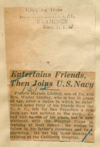 Entertains friends, then joins U. S. Navy