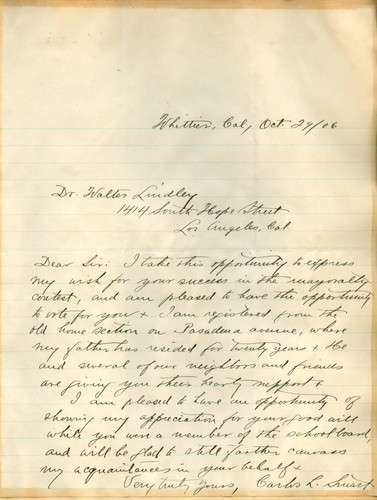 Letter from Carlos L. Stuart to Walter Lindley