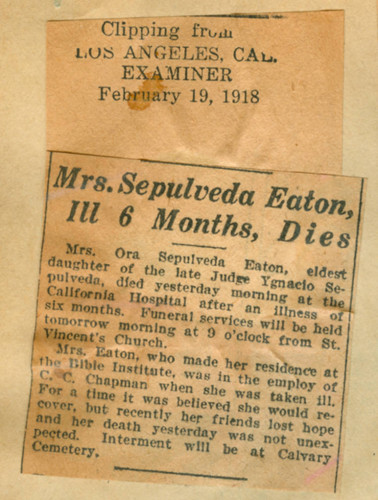 Mrs. Sepulveda Eaton ill six months, dies