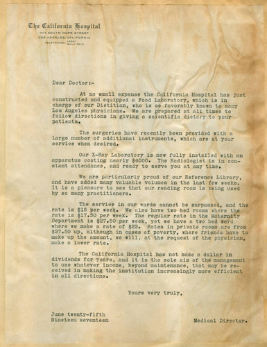 Letter from Walter Lindley to California Hospital physicians