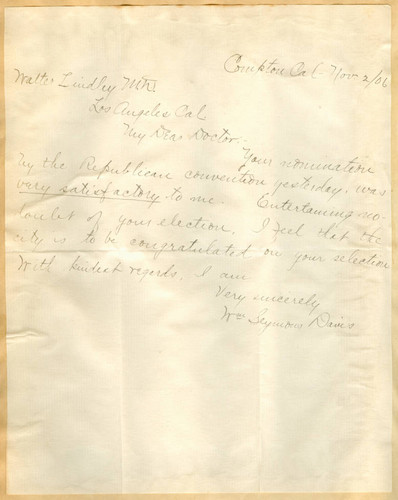 Letter from William Seymour Davis to Walter Lindley