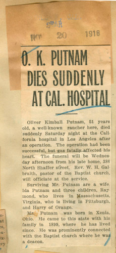 O. K. Putnam dies suddenly at California Hospital