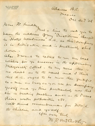 Letter from D.S. McCarthy to Walter Lindley