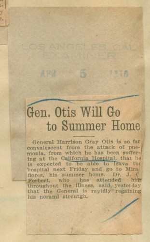 General Otis will go to summer home