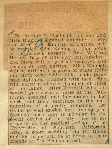 Wedding of Dr. Arthur F. Godin and Miss Blanche Kimball