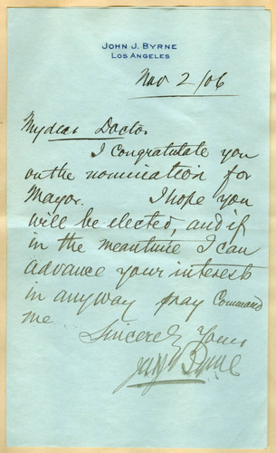 Letter from John J. Byrne to Walter Lindley