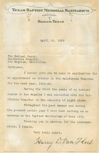 Letter from Henry Van Fleet to California Hospital Medical Board