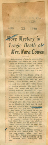 More mystery in tragic death of Mrs. Nora Cowen