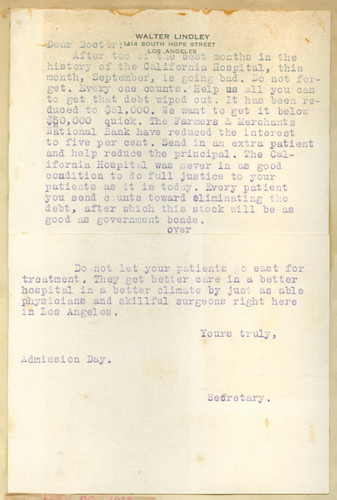 Letter from Walter Lindley to the doctors of California Hospital