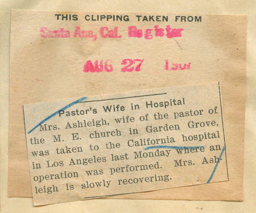 Pastor's wife in hospital